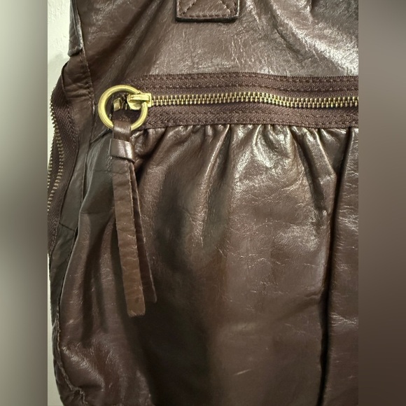 Abro Chic Mocha Mousse Leather Shoulder Bag Lots of gold zipper detail excellent